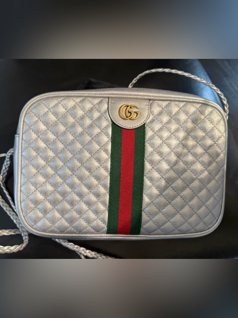 Brand New-Gucci Trapuntata Quilted Camera Bag with Green-Red Web Stripe